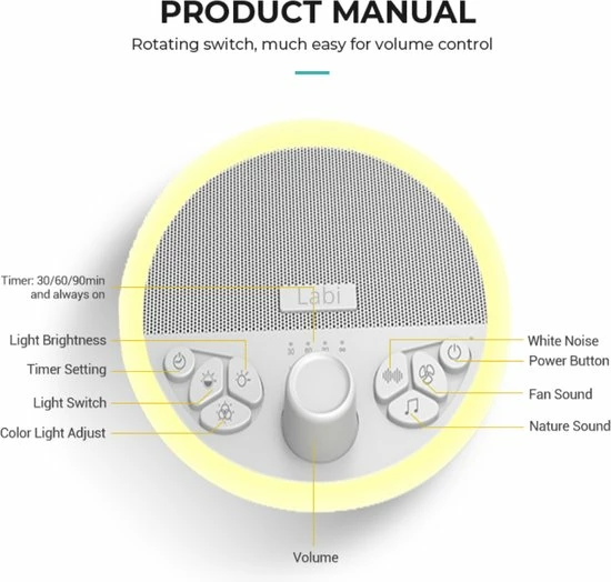 Labi Slaaptrainer - White Noise - Witte Ruis - 29 Geluiden - 7 Kleuren - Led - Afbeelding 7