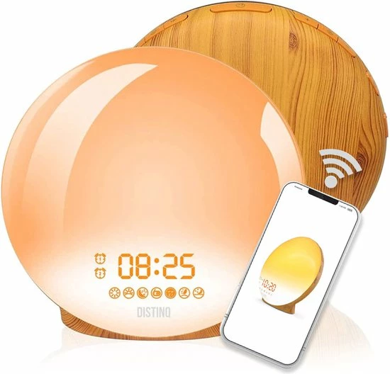 DistinQ Wake-Up Light ? Wifi Smart ? Wekkerradio Met Dubbele Wektijd ? Slaaphulp Met USB Aansluiting - Houtkleurig