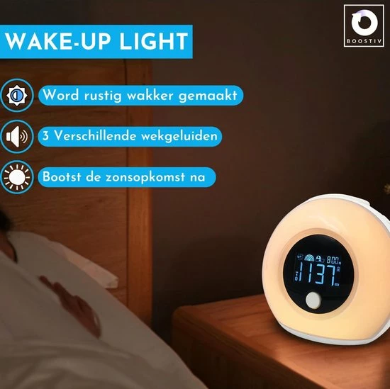Boostiv Wake Up Light - Speaker Radio - Slaaphulpen - Bluetooth - Nachtlampje - Digitale Wekker - Wekker - Ambilight - Radio's - Afbeelding 7