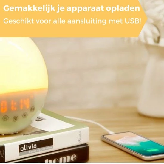 Quality Techs Quality Tech Wake Up Light - Wekkerradio - Nachtlamp - Slaaptrainer - Dubbele Wektijd - 7 Kleuren - USB-Aansluiting - Afbeelding 4