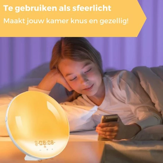 Quality Techs Quality Tech Wake Up Light - Wekkerradio - Nachtlamp - Slaaptrainer - Dubbele Wektijd - 7 Kleuren - USB-Aansluiting - Afbeelding 6