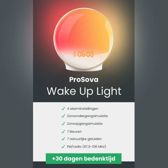 ProSova Wake Up Light - Slaaptrainer - Wekkerradio - Nachtlamp - Dubbele Wektijd - 7 Kleuren - USB Aansluiting - Afbeelding 6