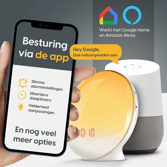 ProSova Wake Up Light Met App Pro - Slaaptrainer - Wekkerradio - Nachtlamp - Dubbele Wektijd - 7 Kleuren - USB Aansluiting - Google Home - + Gratis (E)-Slaapboek - Afbeelding 7