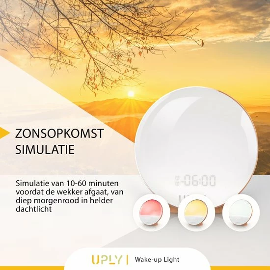 UPLY Wake Up Light - Licht Wekker - Wekker Radio - Smart Clock Met USB Oplaadpunt - WiFi - Google Home | Amazon Alexa - Afbeelding 2