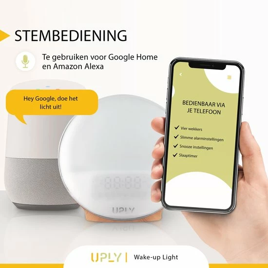 UPLY Wake Up Light - Licht Wekker - Wekker Radio - Smart Clock Met USB Oplaadpunt - WiFi - Google Home | Amazon Alexa - Afbeelding 4