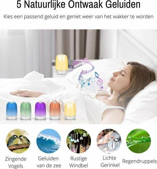 Sleep.ly Wake Up Light - 5 LED Kleuren - Natuurgeluiden - Wit - Nachtlampje - Slaaptrainer - Leeslamp - Tafellamp - Bedlamp Kinderen - Digitale Alarmklok En Wekker - Lichtwekker - Leeslampje - Wekkerradio - Wekker Met Licht - Digitale Alarmklok - Slaapwekker - Afbeelding 4